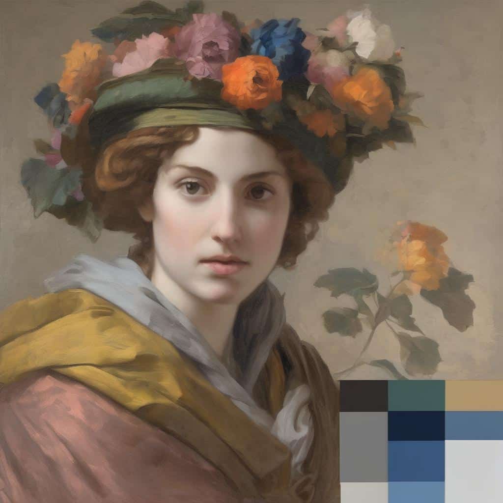 Μοντέλο γυναίκας με λουλούδια στο κεφάλι, έργο τέχνης που αλλάζει την τέχνη, σύγχρονη εικονογράφηση.