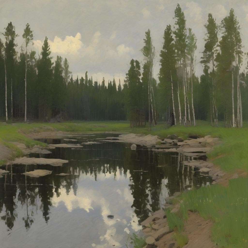 Λιμνοθάλασσα με δέντρα και ουρανό, εμπνευσμένη από έργα που άλλαξαν την τέχνη, τοπία και φυσική ομορφιά, τέχνη και δημιουργία.