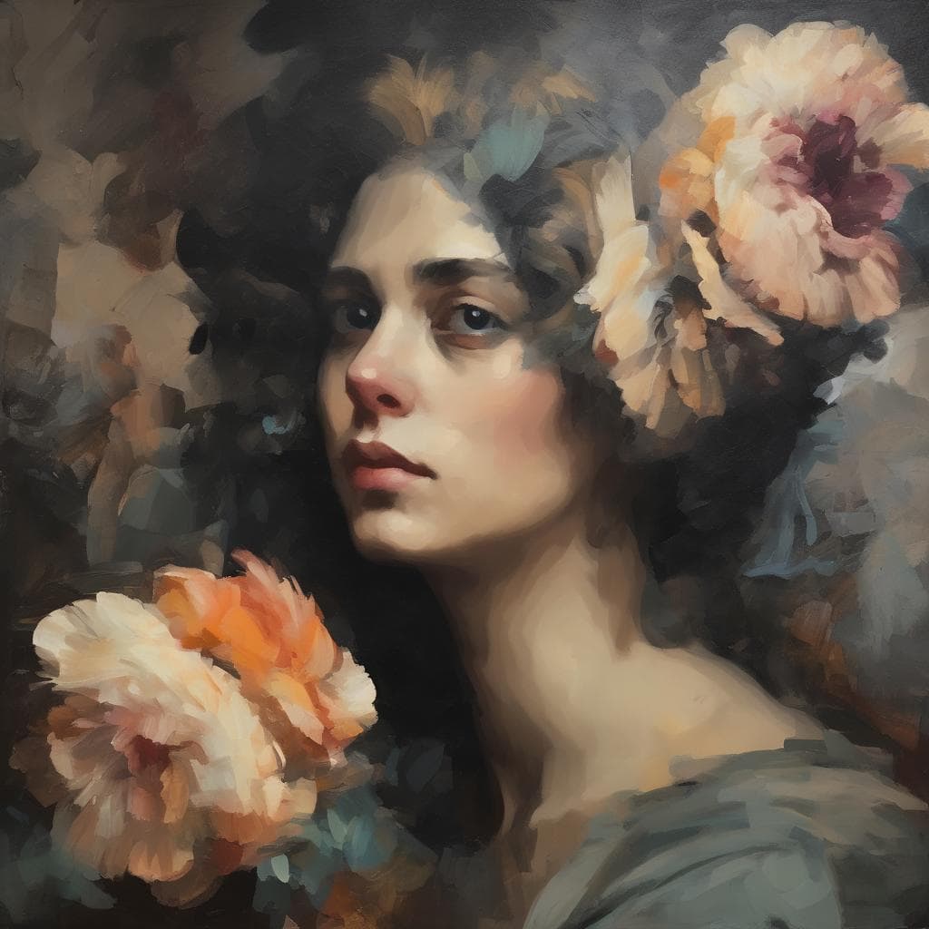 Ομορφη γυναίκα με λουλούδια στα μαλλιά σε πορτρέτο με εικαστικό στυλ.