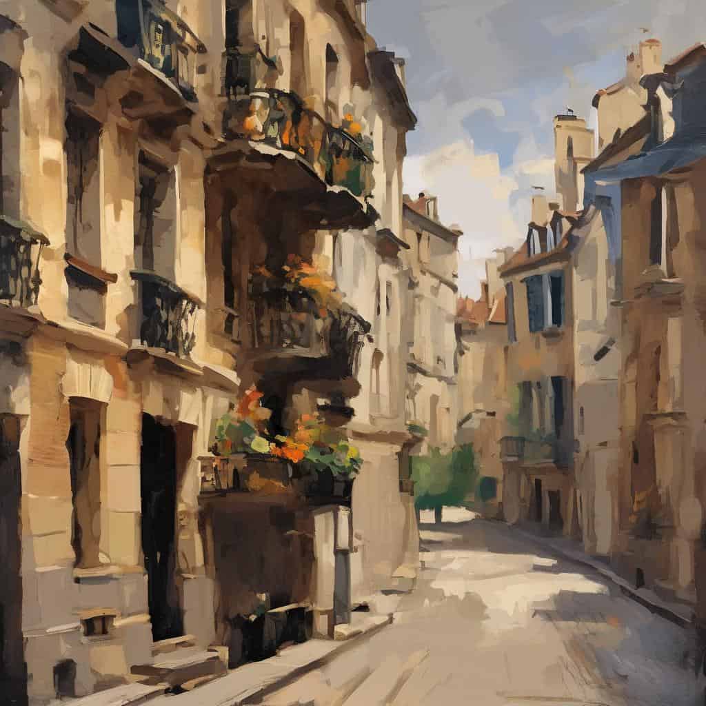 όμορφη πόλη με παραδοσιακά κτίρια και μπαλκόνι, τέχνη και αρχιτεκτονική, γαλλικό στυλ σε καμβά, εικόνα από ρομαντική ευρωπαϊκή πόλη.